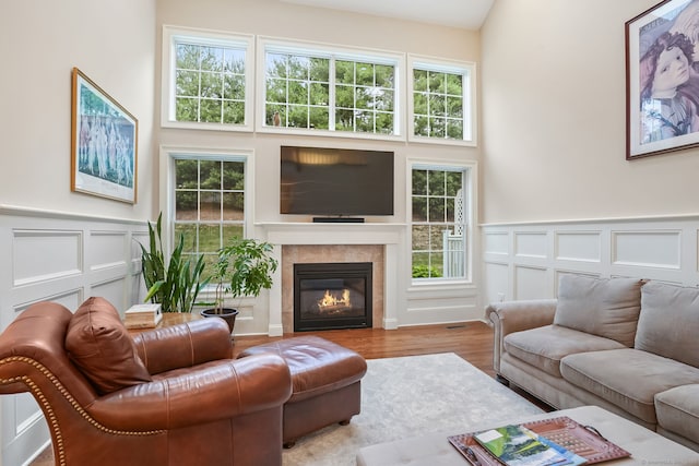 7 Still Water Cir Unit 7, Brookfield, CT 06804 - living room featuring a decorative wall, wood finished floors, a wainscoted wall, and a glass covered fireplace