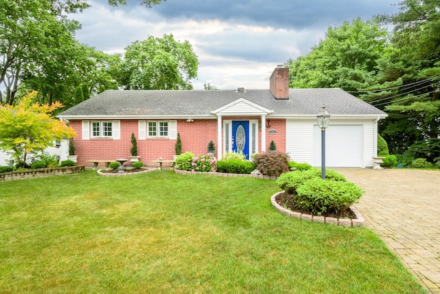 92 Grove Beach Rd S, Westbrook, CT 06498 - ranch-style house with an attached garage, a chimney, driveway, and a front lawn