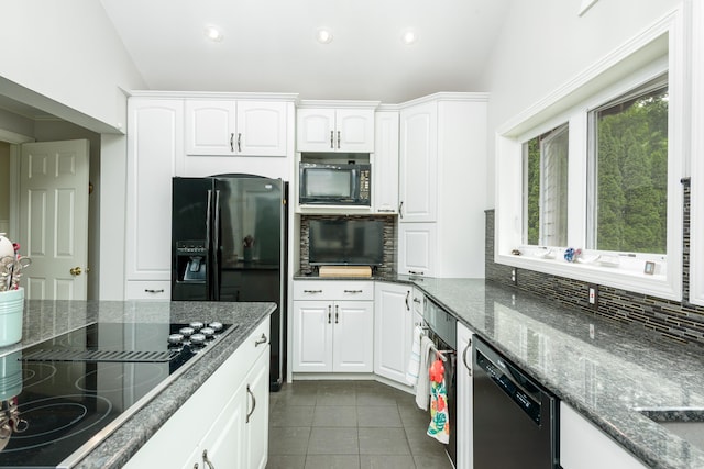 92 Grove Beach Rd S, Westbrook, CT 06498 - kitchen featuring black appliances, dark tile patterned floors, tasteful backsplash, white cabinetry, and recessed lighting
