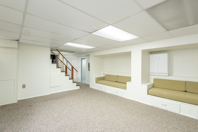 92 Grove Beach Rd S, Westbrook, CT 06498 - finished below grade area featuring a drop ceiling, stairway, and carpet floors
