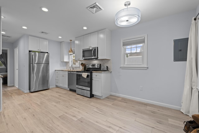 5 Fuller Ct, East Lyme, CT 06357 - kitchen with appliances with stainless steel finishes, electric panel, light wood finished floors, recessed lighting, and white cabinets