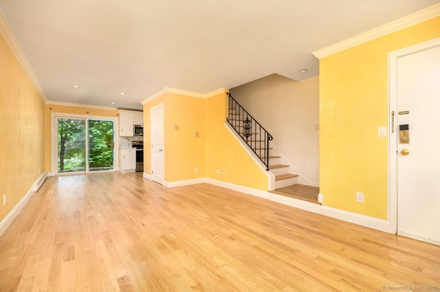 1197 Hope St Apt 7, Stamford, CT 06907 - unfurnished living room with light wood finished floors, stairs, ornamental molding, and recessed lighting