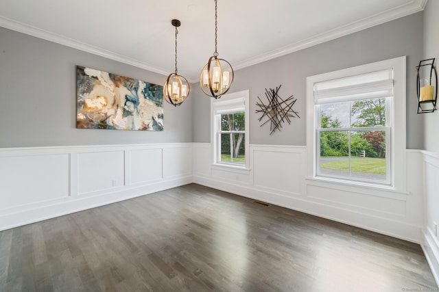 98A Tower Rd, Brookfield, CT 06804 - unfurnished dining area with a chandelier, crown molding, wainscoting, wood finished floors, and a decorative wall