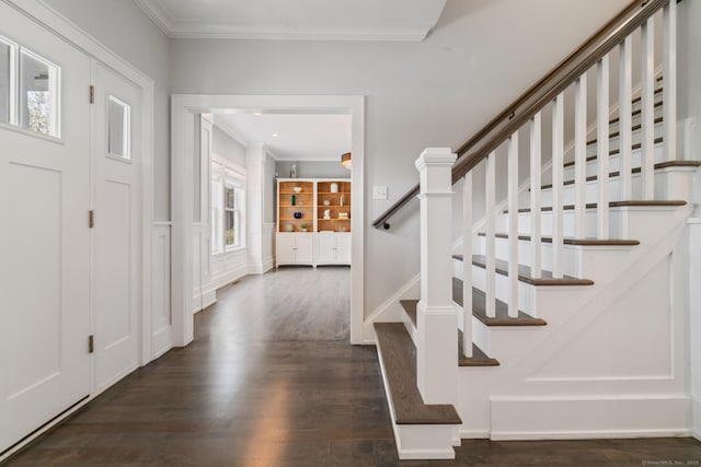 98A Tower Rd, Brookfield, CT 06804 - entryway featuring dark wood-style floors, ornamental molding, and stairs