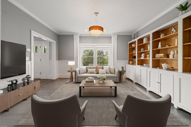 98A Tower Rd, Brookfield, CT 06804 - living area featuring a decorative wall, crown molding, ornate columns, and wainscoting