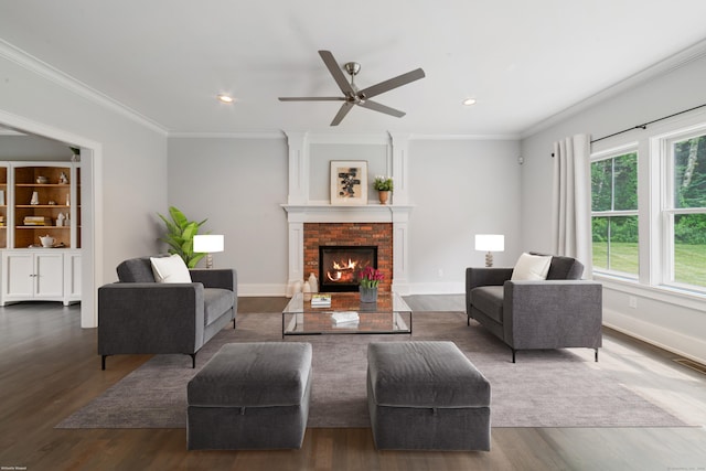 98A Tower Rd, Brookfield, CT 06804 - living area featuring dark wood-style floors, healthy amount of natural light, crown molding, ceiling fan, and recessed lighting