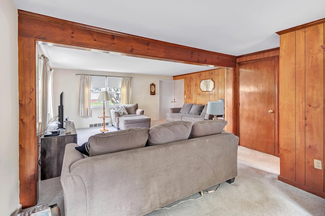 46 W St, Shelton, CT 06484 - living room featuring light carpet and wood walls