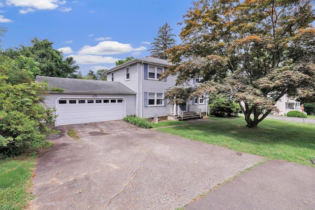 46 W St, Shelton, CT 06484 - view of front of house featuring a garage, asphalt driveway, a front lawn, and roof with shingles