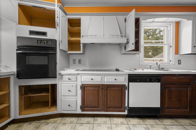 484 Reitter St W, Stratford, CT 06614 - kitchen with black appliances, light countertops, custom exhaust hood, and open shelves