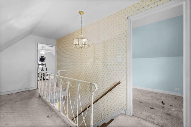 484 Reitter St W, Stratford, CT 06614 - hallway with vaulted ceiling, carpet floors, a chandelier, and an upstairs landing