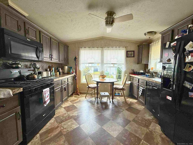 441 Main St Lot 1005, East Hartford, CT 06111 - kitchen featuring black appliances, ceiling fan, dark brown cabinetry, vaulted ceiling, and light countertops