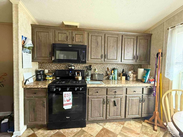 441 Main St Lot 1005, East Hartford, CT 06111 - kitchen with black appliances, ornamental molding, backsplash, and a textured ceiling
