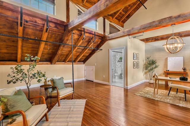 33 Mechanic St Unit 204, Windsor, CT 06095 - sitting room with a wood ceiling with exposed beams, wood finished floors, a chandelier, and high vaulted ceiling