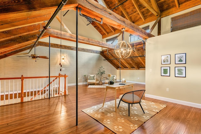 33 Mechanic St Unit 204, Windsor, CT 06095 - office space featuring a chandelier, a wood ceiling with exposed beams, wood finished floors, a ceiling fan, and high vaulted ceiling