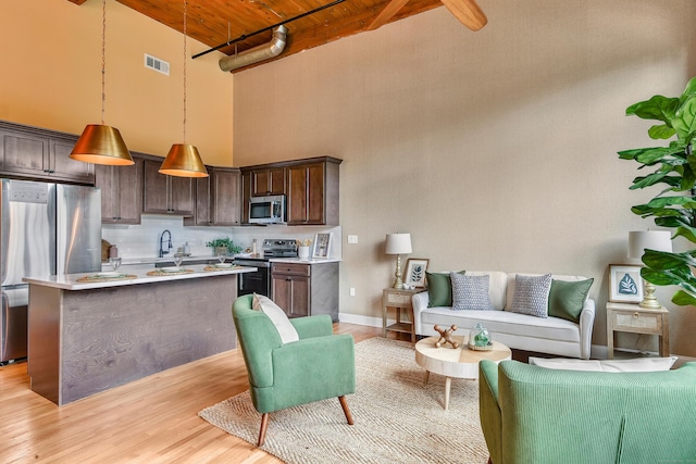 33 Mechanic St Unit 204, Windsor, CT 06095 - living room featuring a towering ceiling, wood ceiling, and light wood-style floors