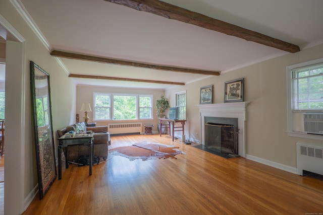 226 Stanwich Rd, Greenwich, CT 06830 - living area featuring beamed ceiling, wood finished floors, healthy amount of natural light, a fireplace with flush hearth, and radiator heating unit