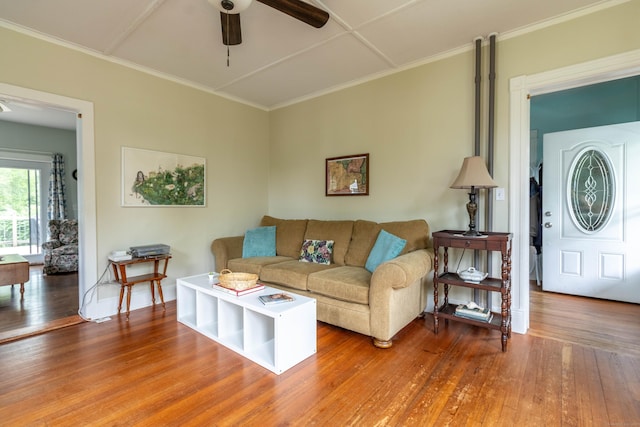 47 Silver St, Middletown, CT 06457 - living area featuring a ceiling fan, wood finished floors, and ornamental molding