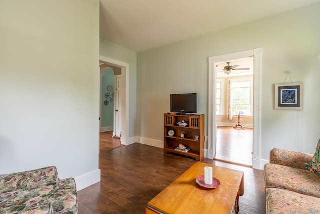 47 Silver St, Middletown, CT 06457 - living room featuring arched walkways, wood finished floors, and a ceiling fan