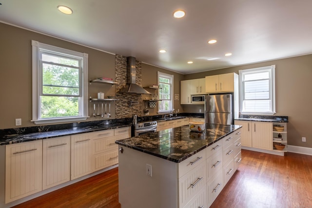 47 Silver St, Middletown, CT 06457 - kitchen with stainless steel appliances, wall chimney range hood, dark wood-style flooring, open shelves, and recessed lighting