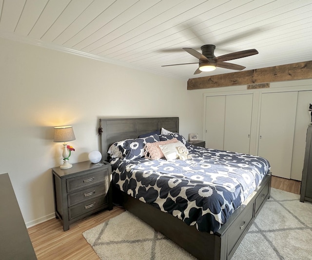 85 Viscount Dr Unit 4E, Milford, CT 06460 - bedroom with ornamental molding, light wood finished floors, wooden ceiling, ceiling fan, and two closets