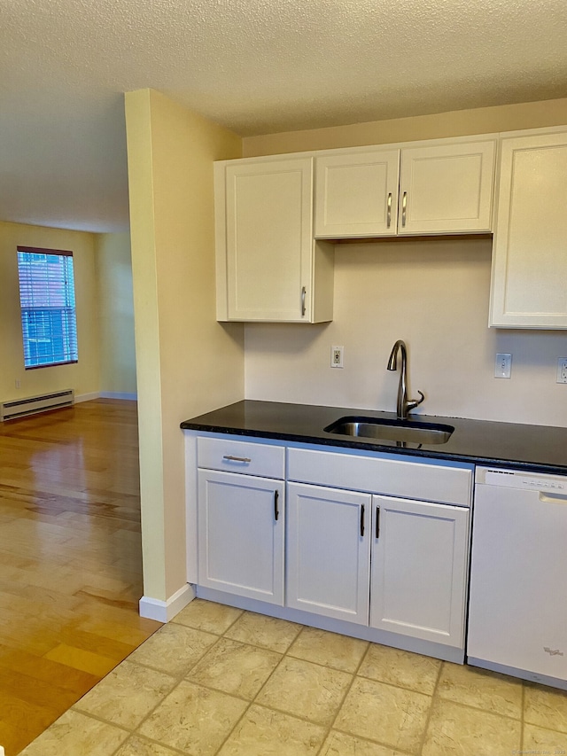4 Heather Rdg Unit 4, Shelton, CT 06484 - kitchen with white dishwasher, white cabinetry, a baseboard heating unit, dark countertops, and a textured ceiling