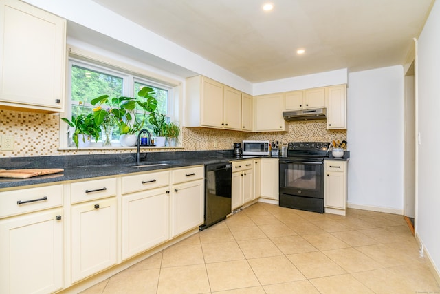 117 Woodside St, Putnam, CT 06260 - kitchen featuring black appliances, under cabinet range hood, tasteful backsplash, cream cabinets, and recessed lighting