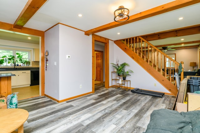 117 Woodside St, Putnam, CT 06260 - living room featuring beamed ceiling, light wood finished floors, stairs, recessed lighting, and a chandelier