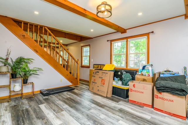 117 Woodside St, Putnam, CT 06260 - interior space featuring stairs, wood finished floors, recessed lighting, and beam ceiling