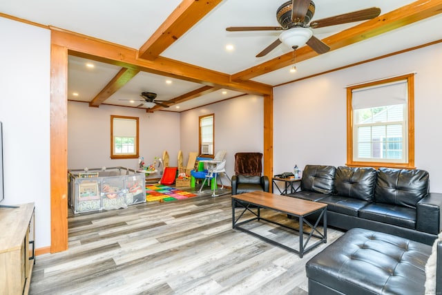 117 Woodside St, Putnam, CT 06260 - living room featuring a ceiling fan, light wood finished floors, beam ceiling, plenty of natural light, and recessed lighting