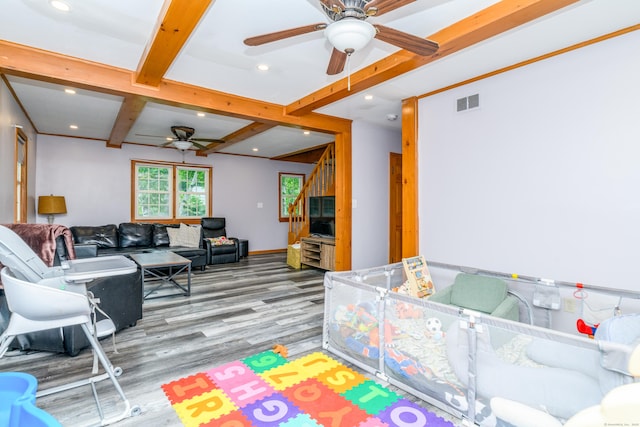 117 Woodside St, Putnam, CT 06260 - recreation room featuring a ceiling fan, wood finished floors, recessed lighting, and beamed ceiling
