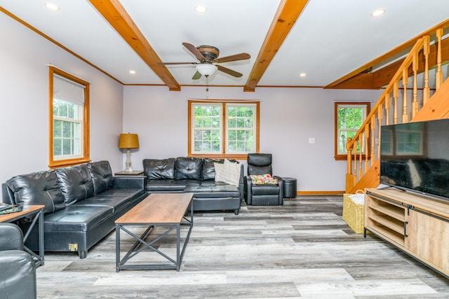 117 Woodside St, Putnam, CT 06260 - living room with ceiling fan, light wood-style flooring, stairway, beam ceiling, and recessed lighting