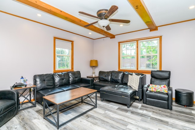117 Woodside St, Putnam, CT 06260 - living area with beamed ceiling, light wood-type flooring, a ceiling fan, recessed lighting, and crown molding