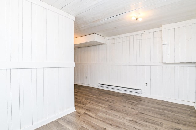 117 Woodside St, Putnam, CT 06260 - empty room featuring a baseboard radiator, wood finished floors, wooden walls, and wooden ceiling