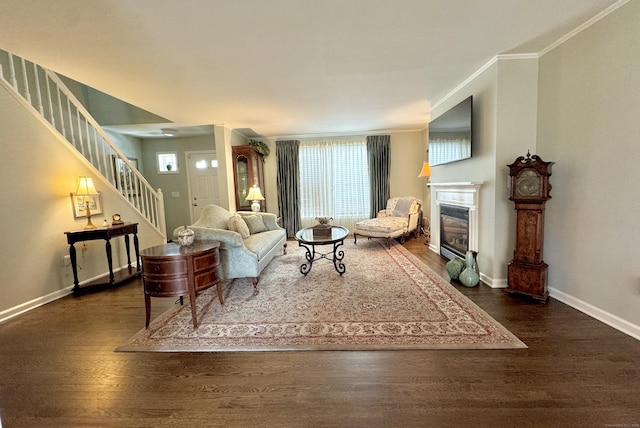 6005 Hancock Dr Unit 6005, Danbury, CT 06811 - living area with stairway, dark wood-type flooring, plenty of natural light, and ornamental molding