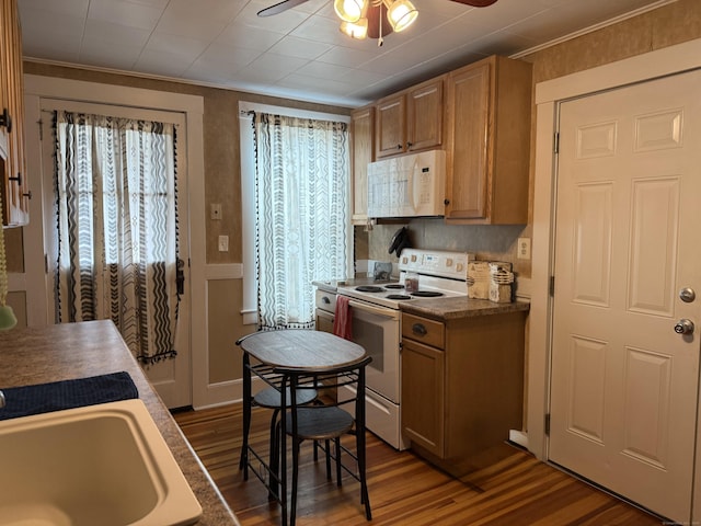 34 Oak St, Thomaston, CT 06787 - kitchen with white appliances, dark wood-style floors, ceiling fan, ornamental molding, and brown cabinetry