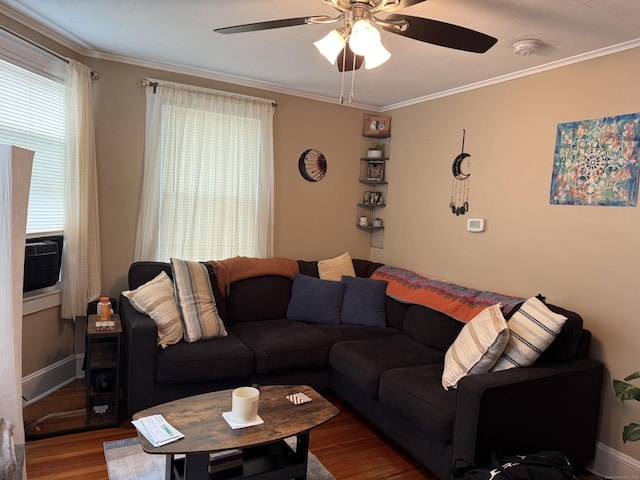34 Oak St, Thomaston, CT 06787 - living area with a ceiling fan, wood finished floors, ornamental molding, and cooling unit