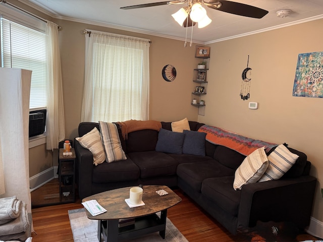 34 Oak St, Thomaston, CT 06787 - living room featuring a ceiling fan, wood finished floors, ornamental molding, and cooling unit
