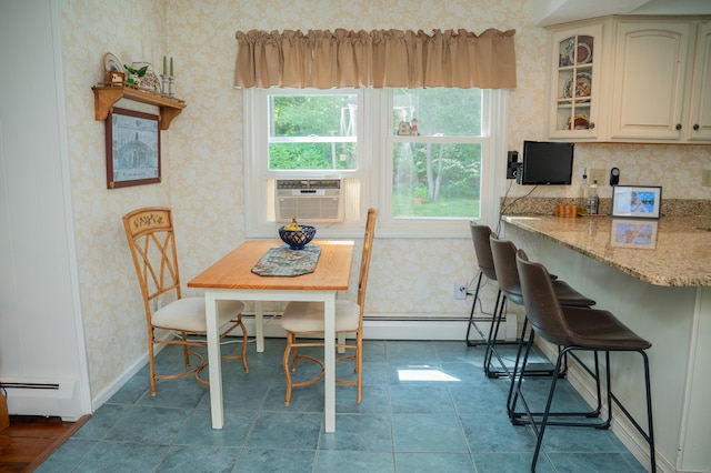 95 Holly Mar Hill Rd, North Branford, CT 06472 - dining space with wallpapered walls, a baseboard radiator, and cooling unit