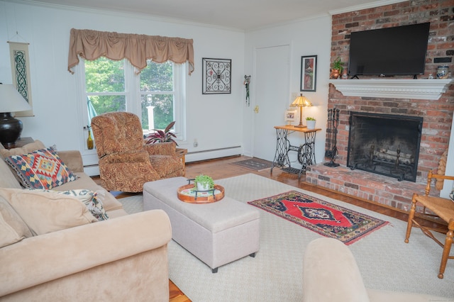95 Holly Mar Hill Rd, North Branford, CT 06472 - living area with crown molding, baseboard heating, wood finished floors, and a fireplace