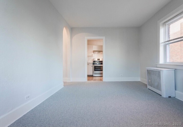 77 Glenbrook Rd Apt 203, Stamford, CT 06902 - spare room with light carpet, radiator, and arched walkways