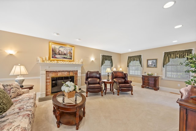 12 Marc Dr, Watertown, CT 06795 - carpeted living room featuring a brick fireplace and recessed lighting