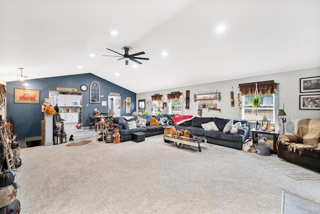 33 Seymour Rd, East Granby, CT 06026 - living area with vaulted ceiling, carpet flooring, a ceiling fan, and recessed lighting