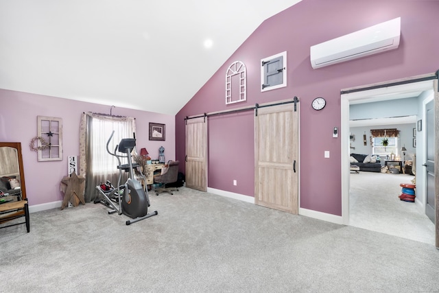 33 Seymour Rd, East Granby, CT 06026 - workout area featuring an AC wall unit, a barn door, high vaulted ceiling, carpet flooring, and healthy amount of natural light
