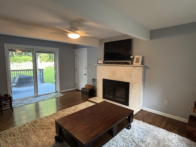 11 Obed Hts, Old Saybrook, CT 06475 - living room with a fireplace, a ceiling fan, and wood finished floors