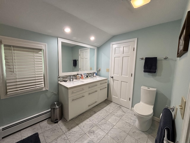 11 Obed Hts, Old Saybrook, CT 06475 - full bath featuring baseboard heating, marble finish floors, double vanity, lofted ceiling, and recessed lighting