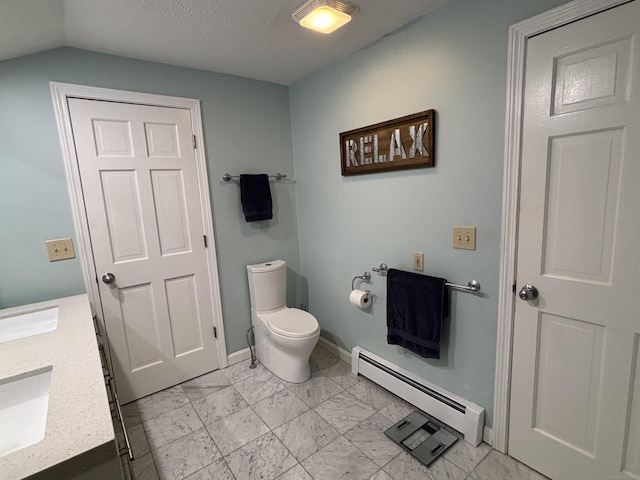 11 Obed Hts, Old Saybrook, CT 06475 - bathroom with a baseboard radiator, vanity, marble finish floors, and lofted ceiling