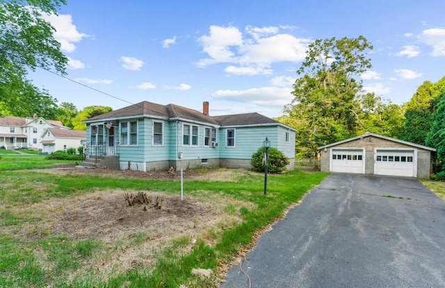 205 Old Norwich Rd, Waterford, CT 06375 - view of front of home featuring a garage, an outdoor structure, a chimney, and a front yard