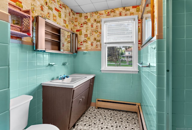 205 Old Norwich Rd, Waterford, CT 06375 - bathroom with wallpapered walls, vanity, a wainscoted wall, tile walls, and tile patterned flooring