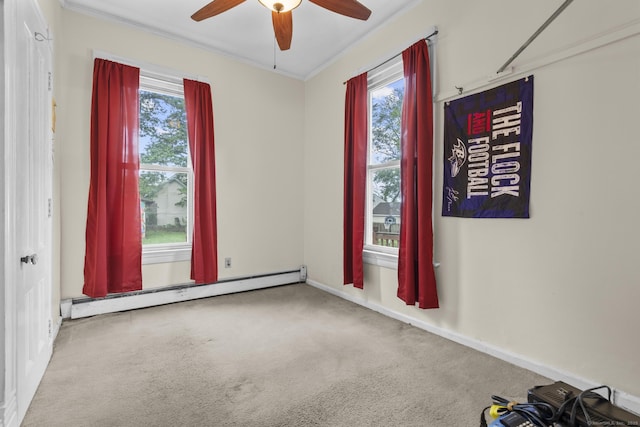 173 Euclid St W, Hartford, CT 06112 - carpeted spare room with baseboard heating, a ceiling fan, and crown molding