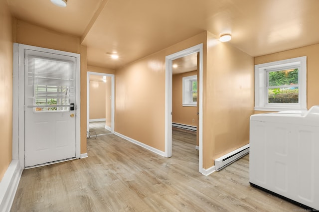 28 W High St, New London, CT 06320 - foyer entrance featuring baseboard heating, light wood-type flooring, washer / clothes dryer, and recessed lighting